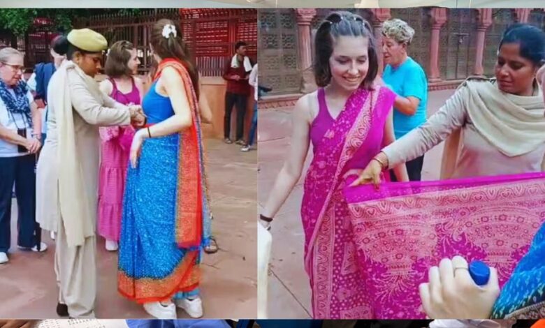 यूपी-की-महिला-सिपाही-बनी-‘साड़ी-गुरु’,-विदेशी-मेहमानों-को-सिखाया-भारतीय-परिधान-पहनना