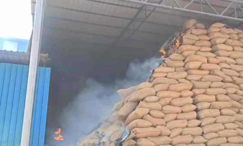 राइस मिल में भीषण आग, लाखों का धान और हजारों खाली बारदाने जलकर राख